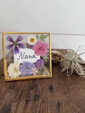 Hand Crafted Gold Glass Frame with Purple, Pink and Cream Pressed Flowers
